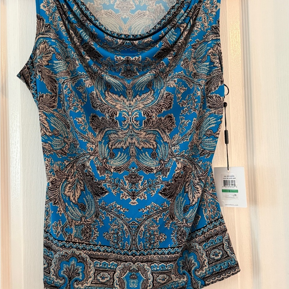 Calvin Klein Asymmetrical Blue and Gold Sleeveless Top